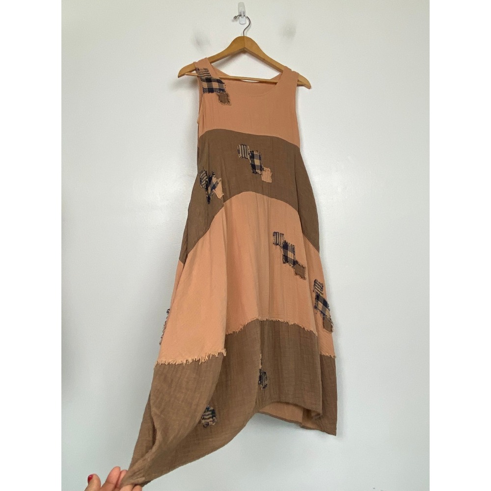Women's Gauze Hight Low Midi Dress S Oversized Patchwork Side Pockets Boho